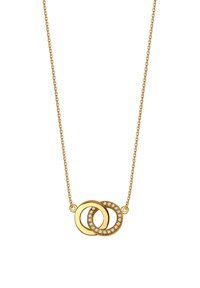 Złoty naszyjnik z przeplatającymi się okręgami, jeden gładki, a drugi ozdobiony przezroczystymi kamieniami szlachetnymi, na delikatnym łańcuszku.