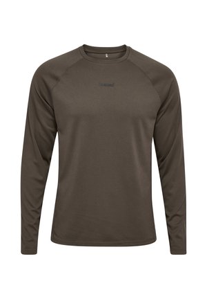 Dunkelolivgrünes Langarm-T-Shirt mit Rundhalsausschnitt, feiner Textur und kleinem, mittig auf der Brust platziertem Logo, schlichtes Design mit Raglanärmeln.