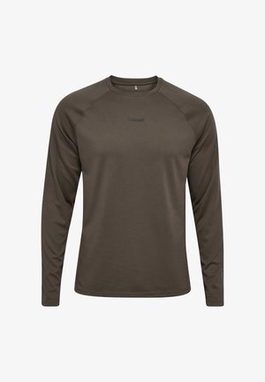 Donkergroen olijfkleurig shirt met lange mouwen en ronde hals, met een subtiele textuur en een klein, gecentreerd logo op de borst, eenvoudig ontwerp met raglanmouwen.