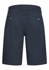Marineblaue Shorts aus gewebtem Stoff mit glatter Oberfläche, zwei Gesäßtaschen mit Knopfverschluss und geradem Beinschnitt.