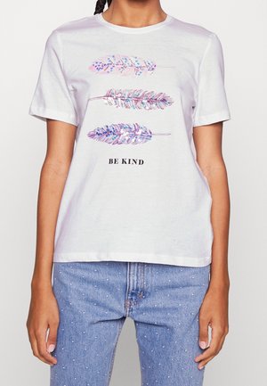 White cotton t-shirt featuring three colorful feather designs in pink and blue, with the text "BE KIND" below the graphics. Short sleeves.