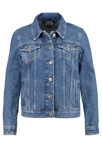 Jeansjacke in Mittelblau mit Knopfverschluss, zwei Brusttaschen und silberner Hardware. Verfügt über einen klassischen Kragen und genähte Details.