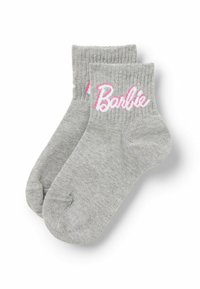 Šedé kotníkové ponožky s vroubkovanou texturou, na lemu s růžovým vyšitým logem "Barbie".