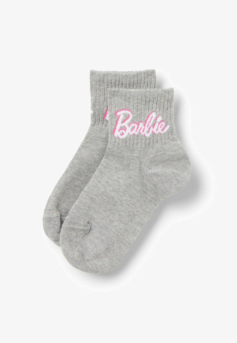 Šedé kotníkové ponožky s vroubkovanou texturou, na lemu s růžovým vyšitým logem "Barbie".