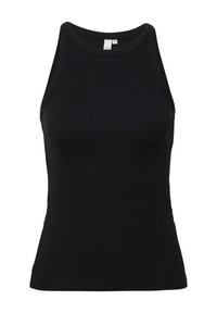 Schwarzes ärmelloses Top aus geripptem Stoff, mit einem figurbetonten Design, hohem Ausschnitt und verstärkten Nähten entlang der Kanten.