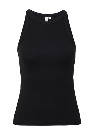 Czarny bezrękawnik wykonany z prążkowanej tkaniny, z dopasowanym krojem i wysokim dekoltem oraz wzmocnionymi szwami wzdłuż krawędzi.