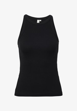 Zwarte mouwloze top van rib stof, met een getailleerd ontwerp en een hoge halslijn. Voorzien van verstevigde stiksels langs de randen.