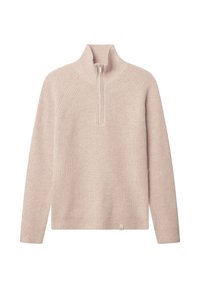 Beiger, gerippter Strickpullover mit hohem Kragen und halbem Reißverschluss. Verfügt über Raglanärmel und ein kleines Logoetikett am Saum.