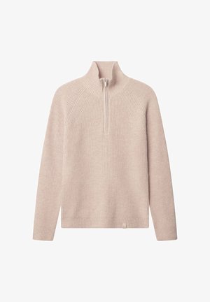 Beiger, gerippter Strickpullover mit hohem Kragen und halbem Reißverschluss. Verfügt über Raglanärmel und ein kleines Logoetikett am Saum.