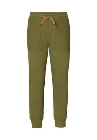 Olijfgroene sweatpants gemaakt van zacht stof, met geribbelde kniepatches, zijzakken en een verstelbare trekkoord taille.