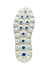 Suela de zapato con una base de goma blanca que presenta patrones circulares y puntos azules. Múltiples formas circulares texturizadas para proporcionar tracción.