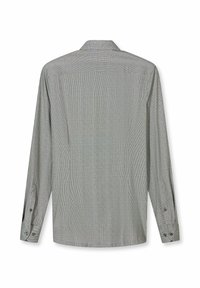 Herrenhemd mit langen Ärmeln in Hellgrau mit kleinem Karomuster, von hinten gezeigt mit geknöpften Manschetten.