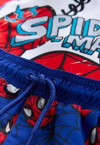 Badetøj med en blå elastisk linning og snøre. Har en farverig Spider-Man grafik på en rød og hvid baggrund.