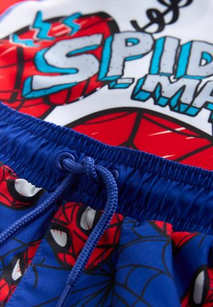 Maudymosi šortai su mėlynu elastiniu juosmeniu ir raišteliu. Ant raudono ir balto fono yra spalvingas Žmogaus voro piešinys.