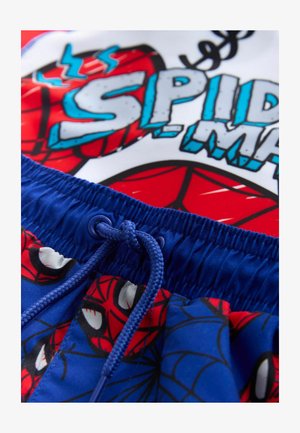 Plavalne kopalke z modnim elastičnim pasom v modri barvi in vrvico za zavezovanje. Na rdečem in belem ozadju je pisano grafično upodobljen Spider-Man.