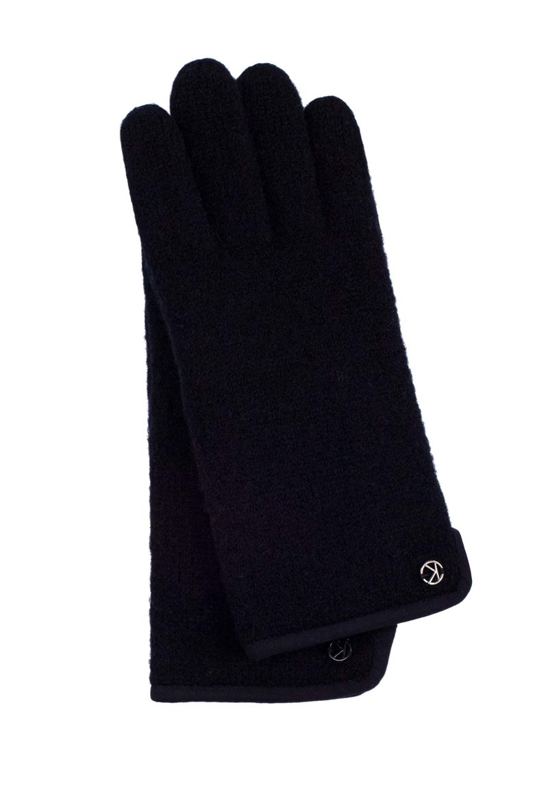 Zwarte handschoenen van textuurstof, met een gladde manchet en een logo-accent op de pols. Ontwerp met vier vingers voor volledige handbedekking.