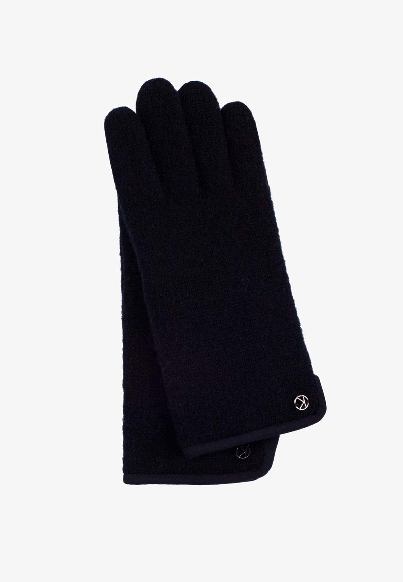 Zwarte handschoenen van textuurstof, met een gladde manchet en een logo-accent op de pols. Ontwerp met vier vingers voor volledige handbedekking.