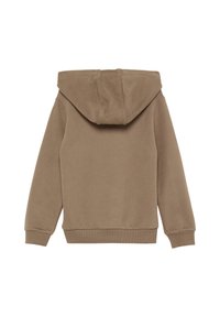 Brauner Kapuzenpullover mit glatter Textur, gerippten Bündchen und Saum sowie einer großzügigen Kapuze, die ein einfaches, nahtloses Design aufweist.