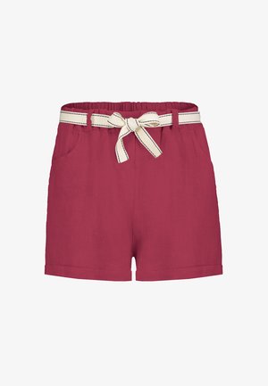 Rode shorts met hoge taille, elastische tailleband, zijzakken en een crèmekleurige stoffen riem die aan de voorkant in een strik is gebonden.