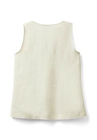 Top in lino color crema con scollatura rotonda e senza maniche. Tessuto liscio, orlo dritto e design senza decorazioni.