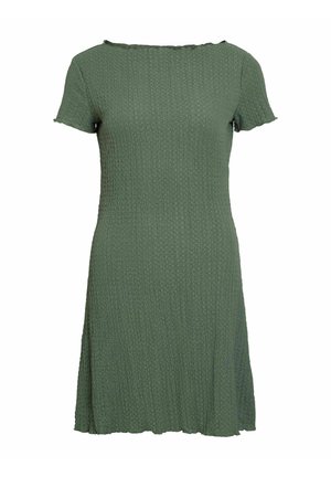 Zaļa teksturēta īsām piedurknēm kleita ar nedaudz izpletu apakšmalu, ar apaļu apkakli un saburzītu auduma rakstu.