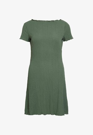 Green textured short-sleeve dress with a slightly flared hem, featuring a round neckline and a crinkled fabric pattern.