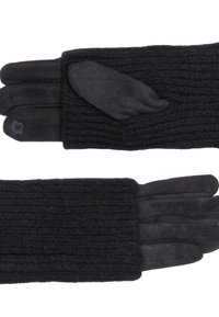 Schwarze Strickhandschuhe mit gerippter Textur und glattem, wildlederähnlichem Handflächenbereich. Bemerkenswertes Detail: kleine Blumenakzent im Handgelenkbereich.