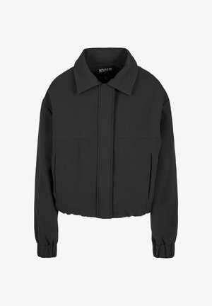 Černá zkrácená bunda s dlouhými rukávy, elastickými manžetami, širokým límcem, skrytým předním zipem a dvěma bočními kapsami.