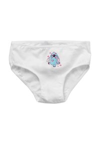 Mutandine bianche da donna con un piccolo coniglietto dei cartoni animati blu circondato da baci di rossetto rosa al centro frontale.