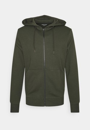 Sweat à capuche zippé vert foncé avec poches avant, capuche avec cordon et poignets et ourlet côtelés.