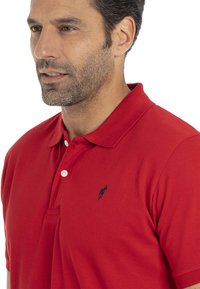 Homme aux cheveux courts et foncés, avec une barbe, portant un polo rouge avec un petit logo de cheval sur la poitrine, sur fond blanc.