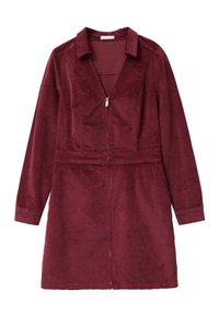 Robe en velours côtelé bordeaux avec un col, des manches longues, une fermeture éclair à l'avant et une taille ceinturée. Elle présente une texture lisse et une coupe à mi-genou.