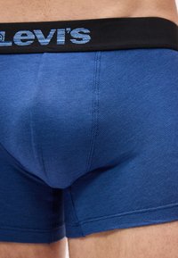 Κοντινό πλάνο μπλε μπόξερ της Levi's που φοριούνται από ένα άτομο, με μαύρη μέση και το λογότυπο της Levi's σε ανοιχτό μπλε χρώμα.