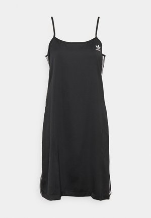 Μαύρο αμάνικο φόρεμα με λεπτές τιράντες, φτιαγμένο από λεία ύφανση; διαθέτει πλάγιες ρίγες και ένα μικρό λογότυπο στο στήθος.