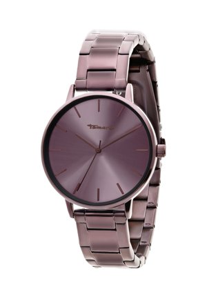 Lila Metallarmbanduhr mit rundem Ziffernblatt, minimalen Stundenmarkierungen, drei Zeigern und einem gliedernden Armband.