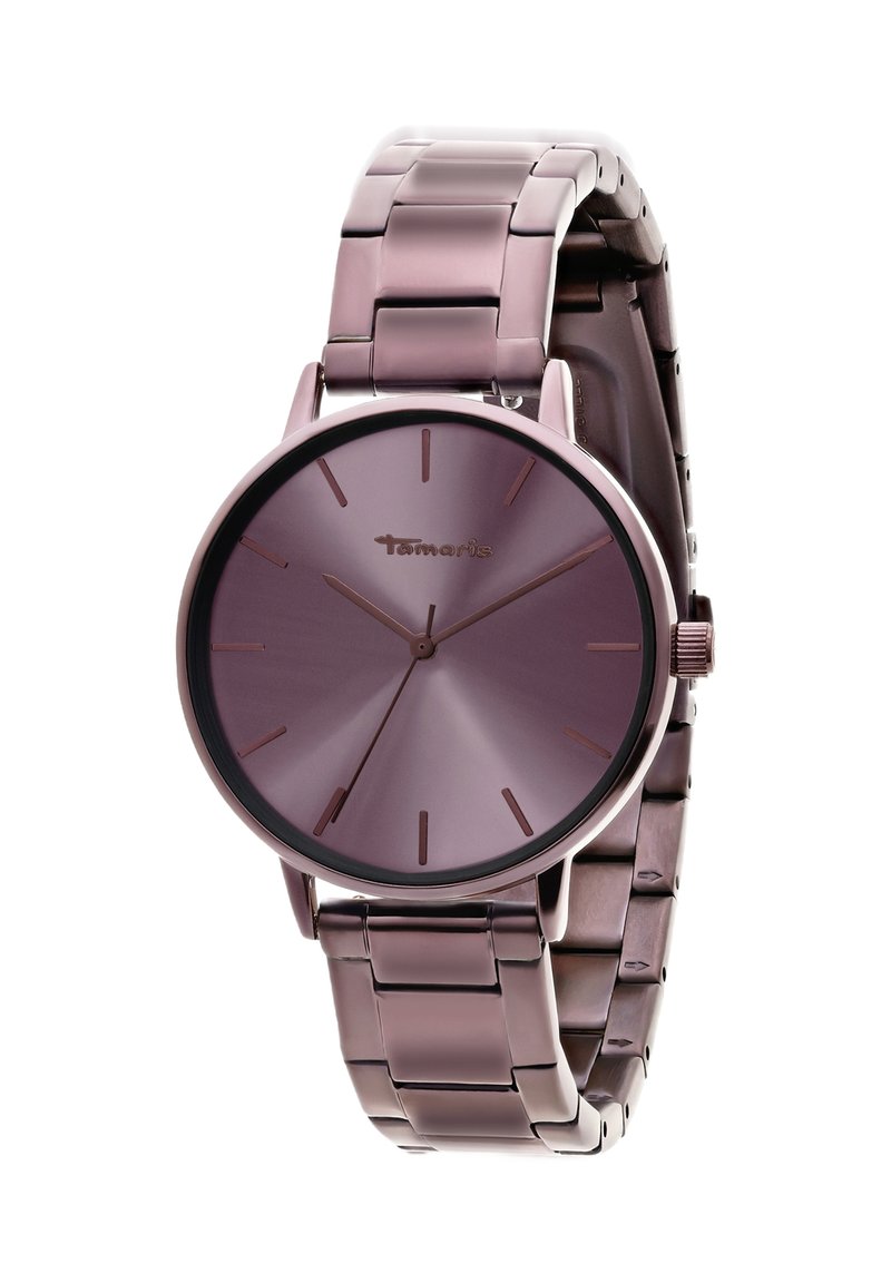 Lilla metalurarmodel med rund urskive, minimale time markeringer, tre visere og et sammenkoblet armbånd.