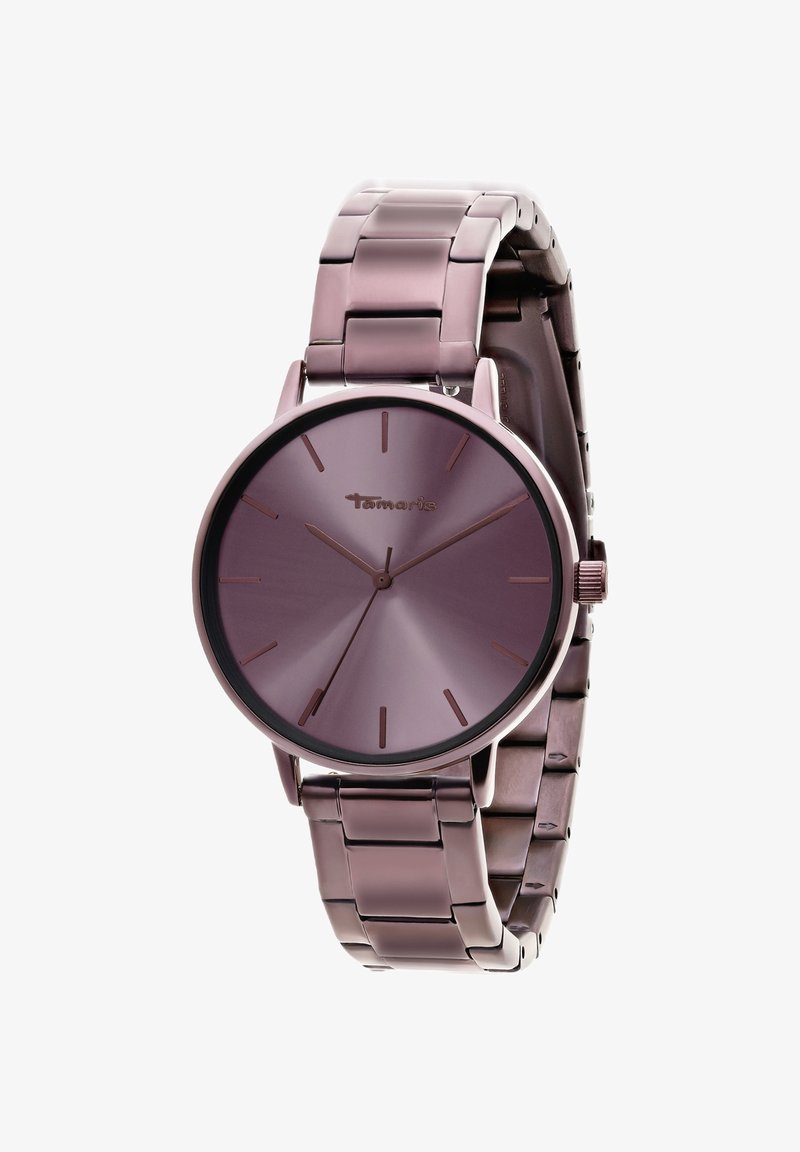 Lila Metallarmbanduhr mit rundem Ziffernblatt, minimalen Stundenmarkierungen, drei Zeigern und einem gliedernden Armband.