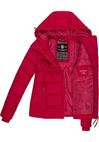 Red puffy jacket with horizontal quilting, zipper pockets, and a hood. Inner lining matches exterior color, featuring brand label on the inside.