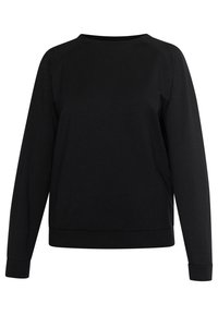 Felpa nera realizzata in un mix di cotone, con maniche lunghe, scollo rotondo e colore uniforme senza motivi o dettagli.