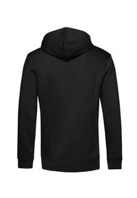 Felpa nera con una texture di tessuto liscia, dotata di cappuccio sagomato e polsini a coste. Design semplice, senza loghi o motivi visibili.