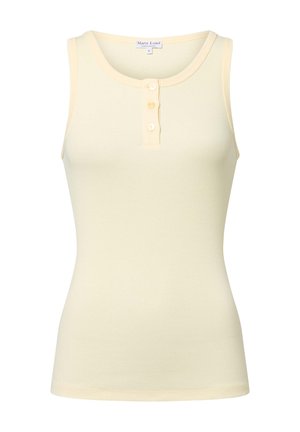 Helles gelbes Tanktop aus geripptem Stoff mit rundem Halsausschnitt und drei Knöpfen an der Vorderseite. Ärmellos, figurbetontes Design.