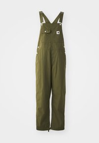 Olive green cotton overalls with adjustable straps, front pocket, snap buttons, and a loose fit. Features ankle cuffs with elastic adjusters.