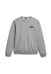 Sweat-shirt gris en mélange de coton doux, doté d'un col rond, de poignets et d'un ourlet côtelés, ainsi que d'un petit patch logo sur la poitrine.