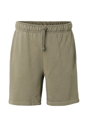 Neformálne khaki zelené šortky s elastickým pásom a sťahovacou šnúrkou, vybavené bočnými vreckami a voľným strihom.