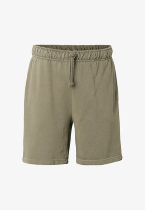 Khaki-groene casual shorts met elastische tailleband en trekkoord, voorzien van zijzakken en een comfortabele pasvorm.