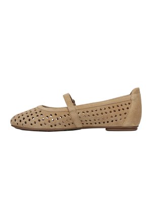 Tan suede flat shoe with perforated design, round toe, and a thin strap across the midfoot. Smooth texture and low heel.