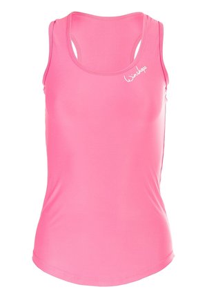 Pink tank top made of soft, stretchy fabric. Features a scoop neckline, wide armholes, and a curved hem. Includes white logo on the chest.