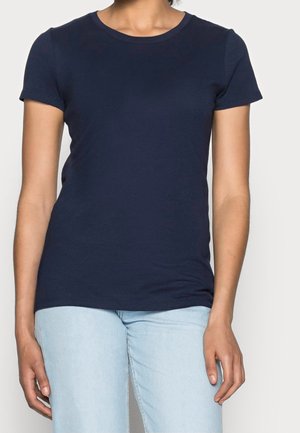 Marineblå kortærmet t-shirt i en tætsiddende design, lavet af blødt bomuldsstof med rund halsudskæring og glat tekstur.