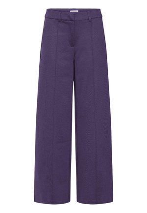 Purple wide-leg trousers with a smooth texture, featuring a straight cut and front seams. Made of lightweight fabric with a high waist.