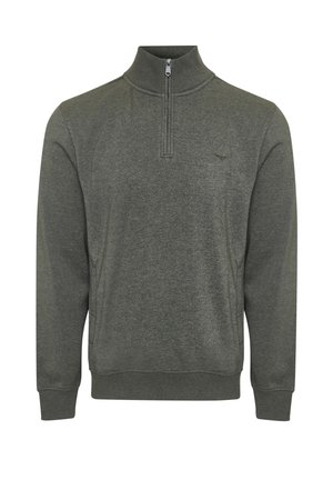Dunkelgrauer Quarter-Zip-Pullover mit langen Ärmeln sowie gerippten Bündchen und Saum, auf einem weißen Hintergrund präsentiert.